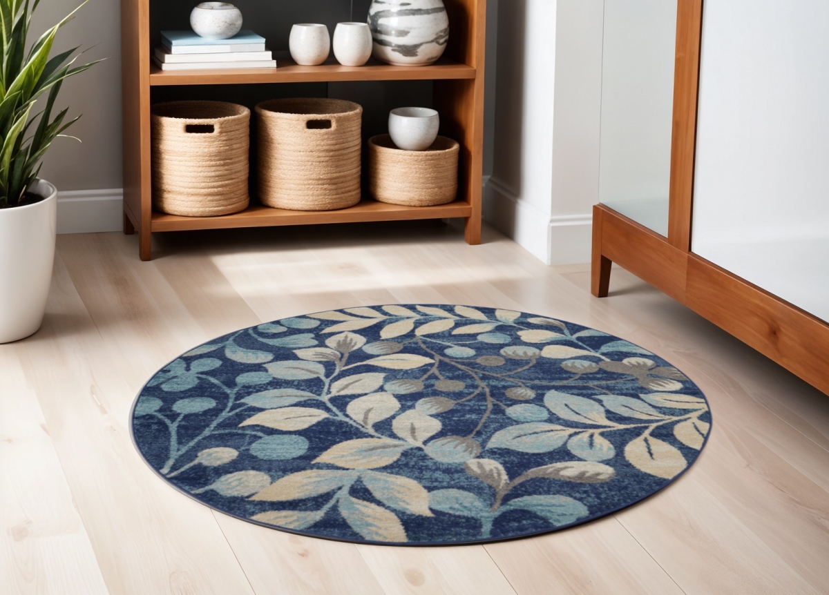 552379 5 ft. Botanical Leaves Round Rug, Navy Blue & Beige