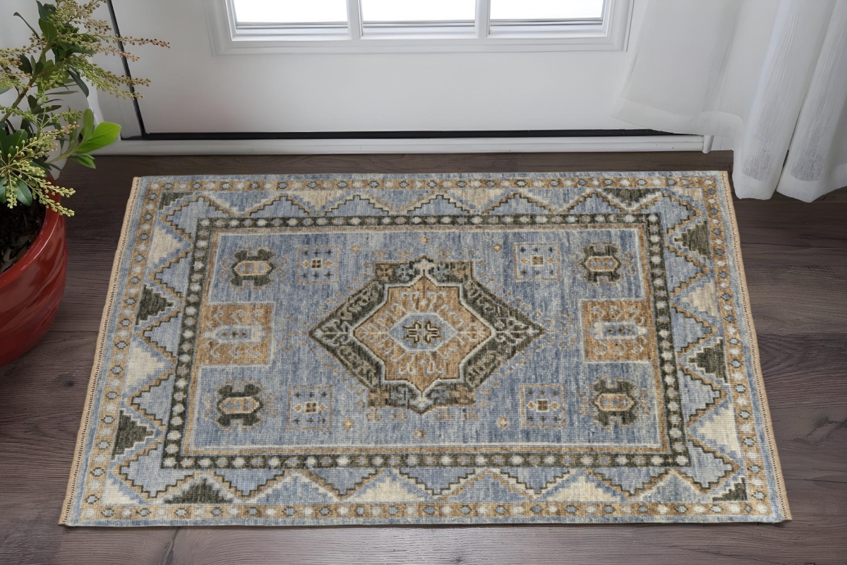 567049 2 x 3 ft. Wool Oriental Hand Knotted Rectangle Area Rug with Fringe, Ivory, Tan & Blue