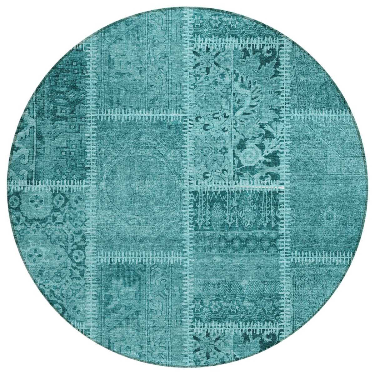 579405 8 ft. Round Patchwork Washable Indoor & Outdoor Area Rug, Turquoise, Teal Blue & Aqua