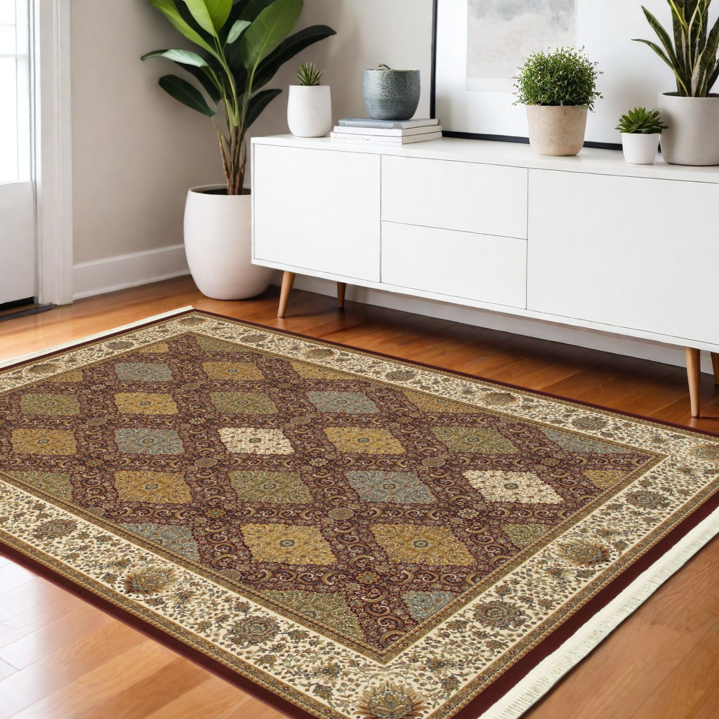 574495 4 x 5 ft. Oriental Rectangle Area Rug with Fringe, Red, Tan & Ivory