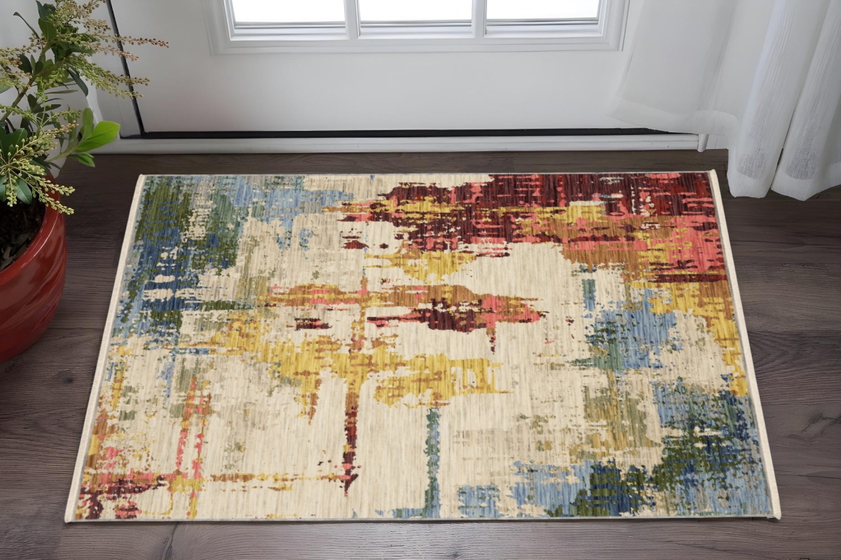 575467 3 x 5 ft. Abstract Rectangle Area Rug with Fringe, Beige, Yellow & Orange