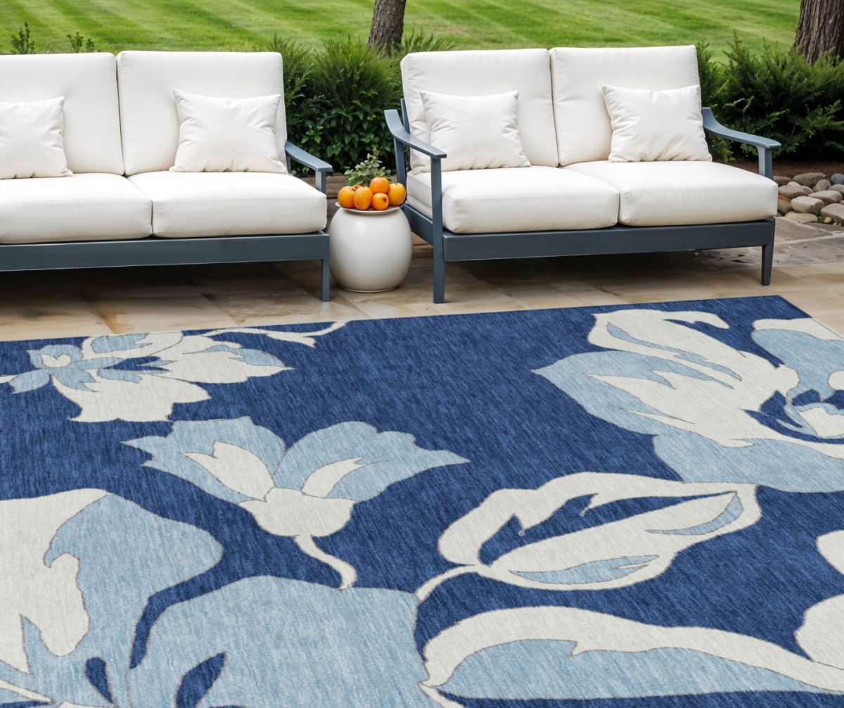 589557 8 x 10 ft. Floral Washable Indoor & Outdoor Rectangle Area Rug, Navy Blue, Denim Blue & Ivory