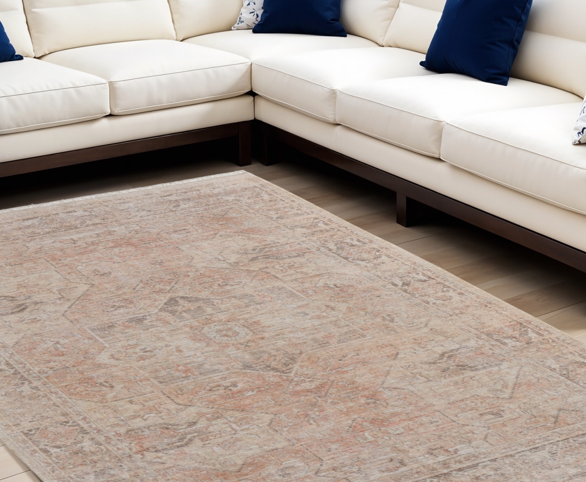 566218 8 x 10 ft. Oriental Hand Woven Distressed Rectangle Area Rug with Fringe, Tan, Orange & Ivory