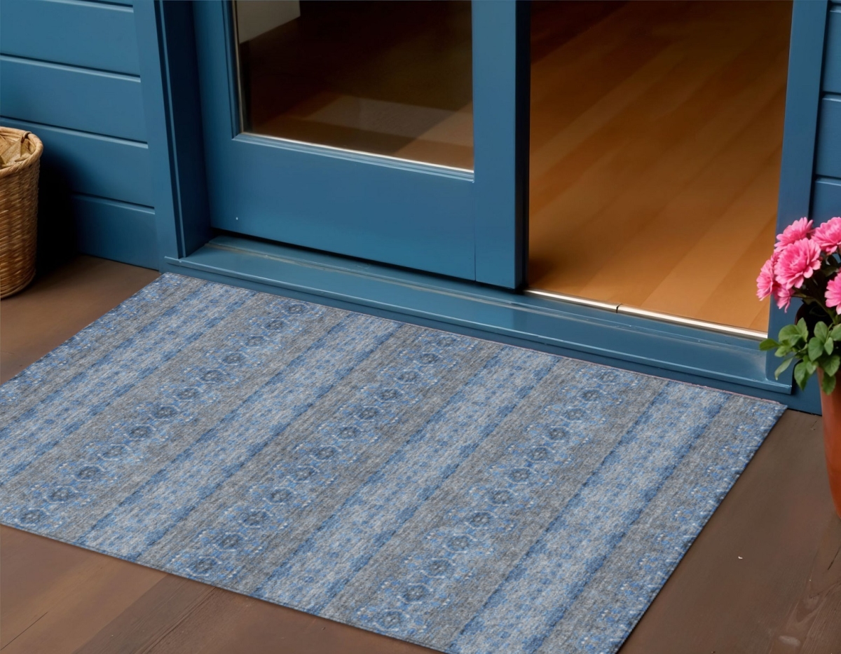578334 3 x 5 ft. Floral Medallion Washable Indoor & Outdoor Rectangle Area Rug, Navy Blue & Sky Blue