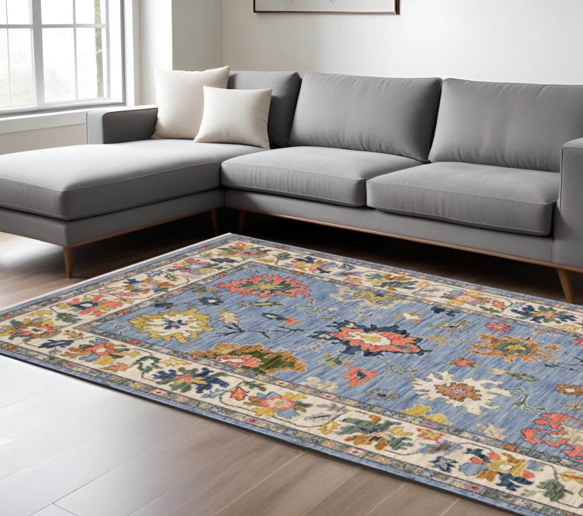 575938 7 x 10 ft. Oriental Rectangle Area Rug with Fringe, Blue, Ivory & Yellow