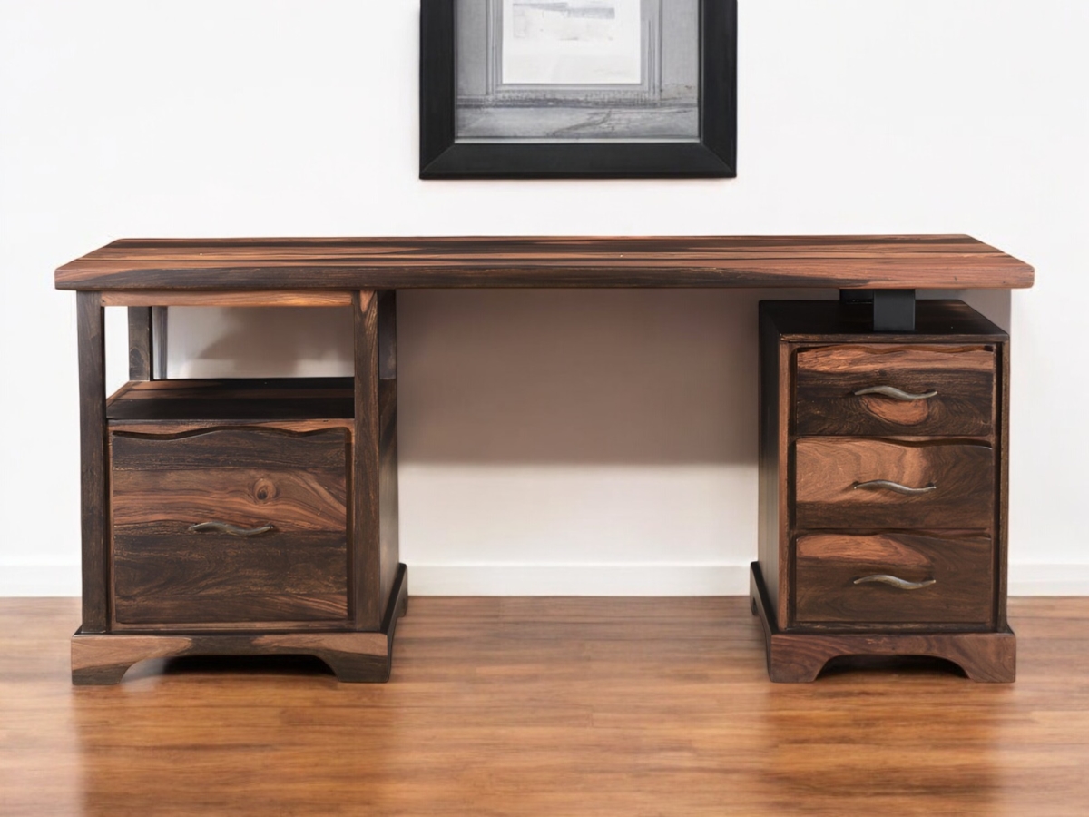 522093 68 in. Natural Live Edge Solid Wood Writing Desk with Four Drawers