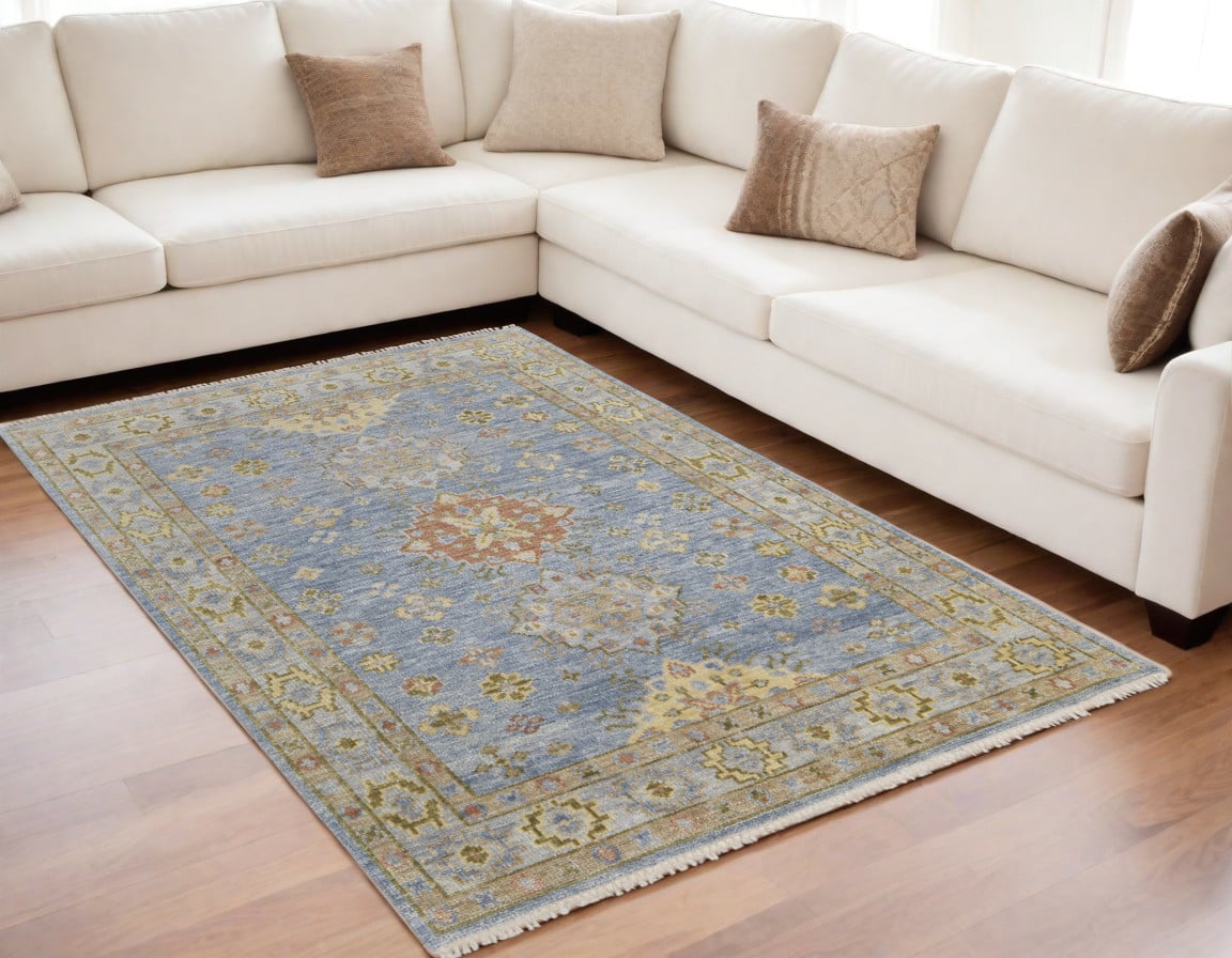 567117 5 x 8 ft. Wool Geometric Hand Knotted Rectangle Area Rug with Fringe, Green, Blue & Yellow