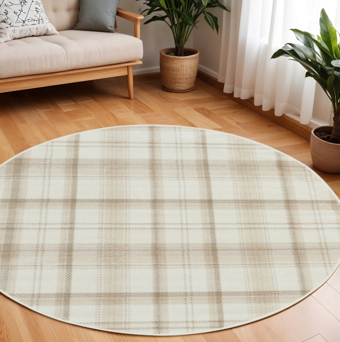569860 8 ft. Plaid Power Loom Round Rug, Ivory