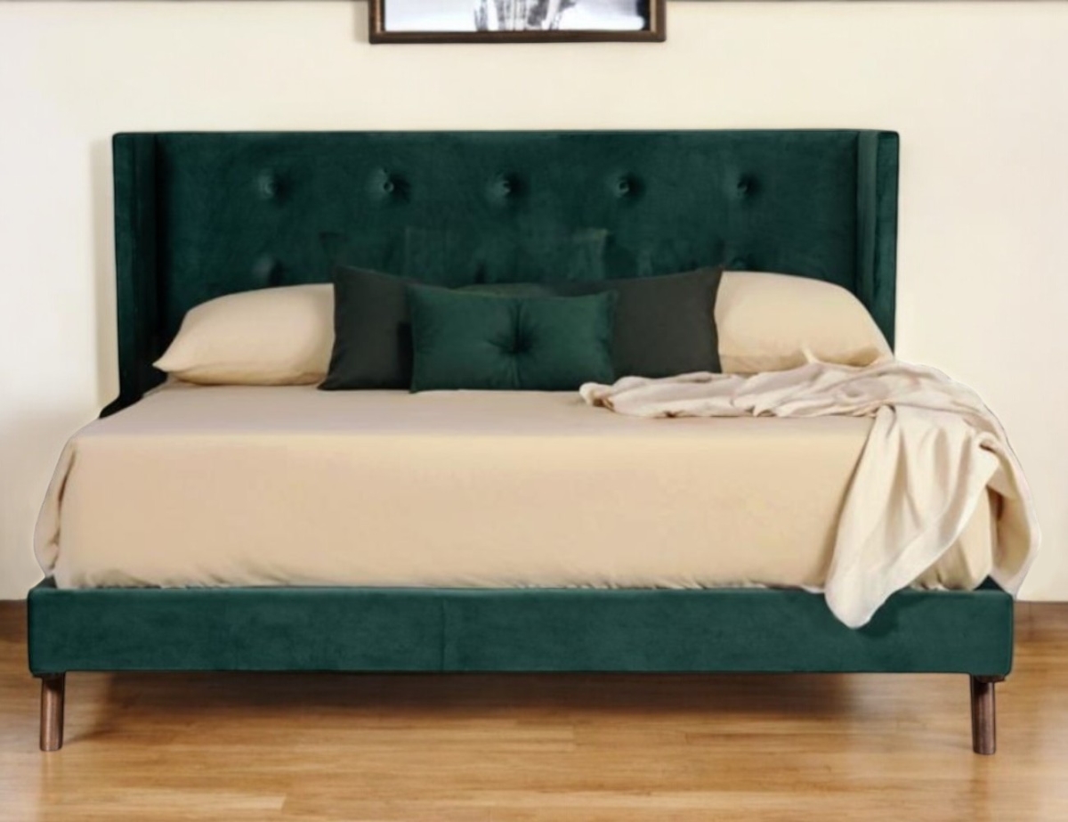 486219 Green Wood & Tufted Velvet Queen Size Bed Frame