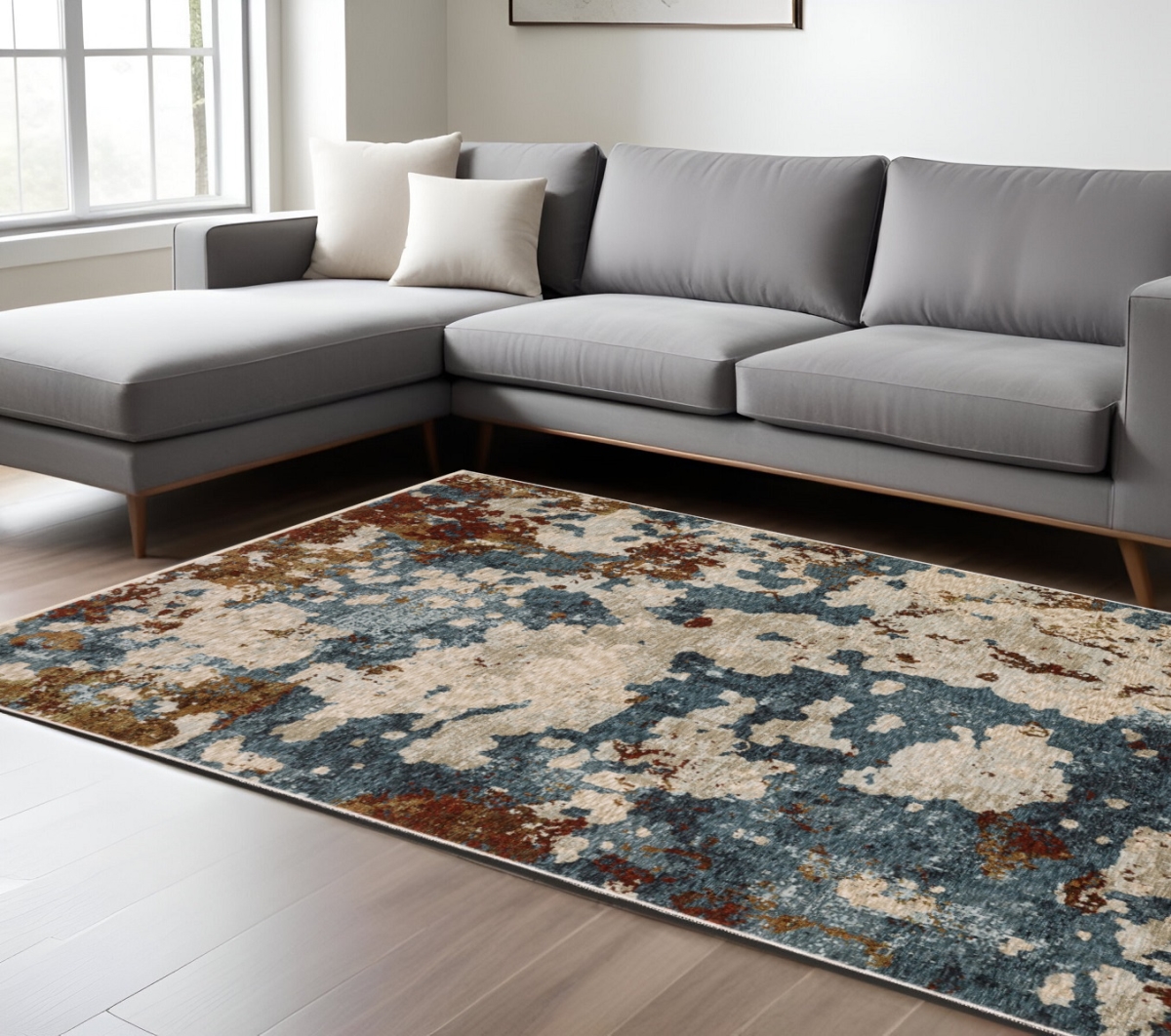 574750 10 x 13 ft. Abstract Distressed Rectangle Area Rug with Fringe, Beige, Rust & Teal