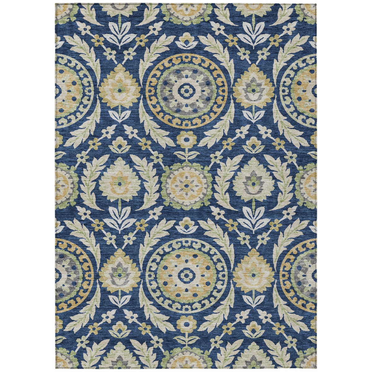 584930 9 x 12 ft. Floral Washable Indoor & Outdoor Rectangle Area Rug, Navy Blue, Gold & Beige