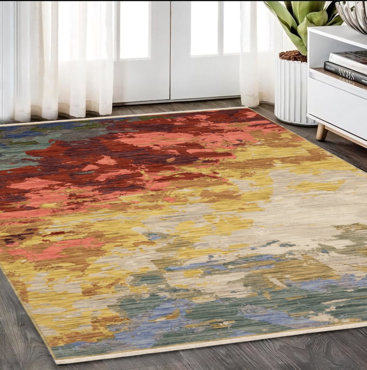 575665 5 x 8 ft. Abstract Rectangle Area Rug with Fringe, Beige, Yellow & Rust
