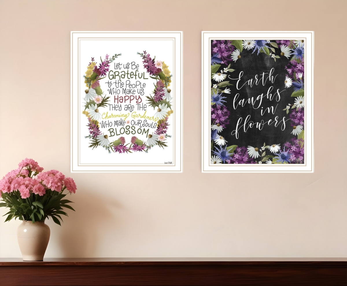 407978 Horizontal Flowers Make Us Laugh White Framed Print Wall Art - Set of 2