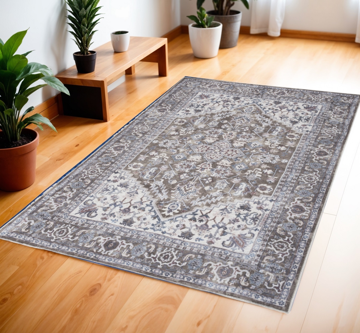 554850 4 x 6 ft. Floral Medallion Power Loom Distressed Rectangle Area Rug, Green & Ivory