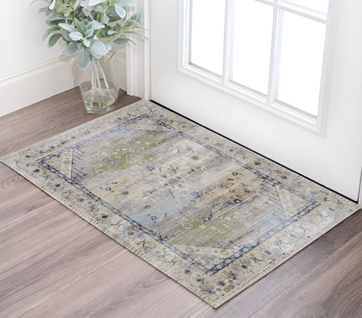 567384 2 x 3 ft. Abstract Power Loom Worn Faded Rectangle Area Rug, Ivory, Green & Blue