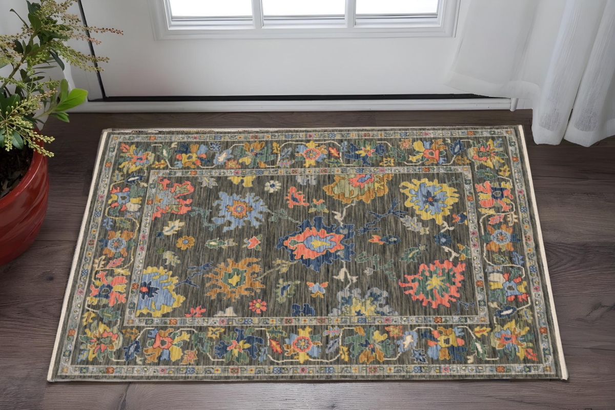 575205 2 x 3 ft. Oriental Rectangle Area Rug with Fringe, Gray, Yellow & Blue