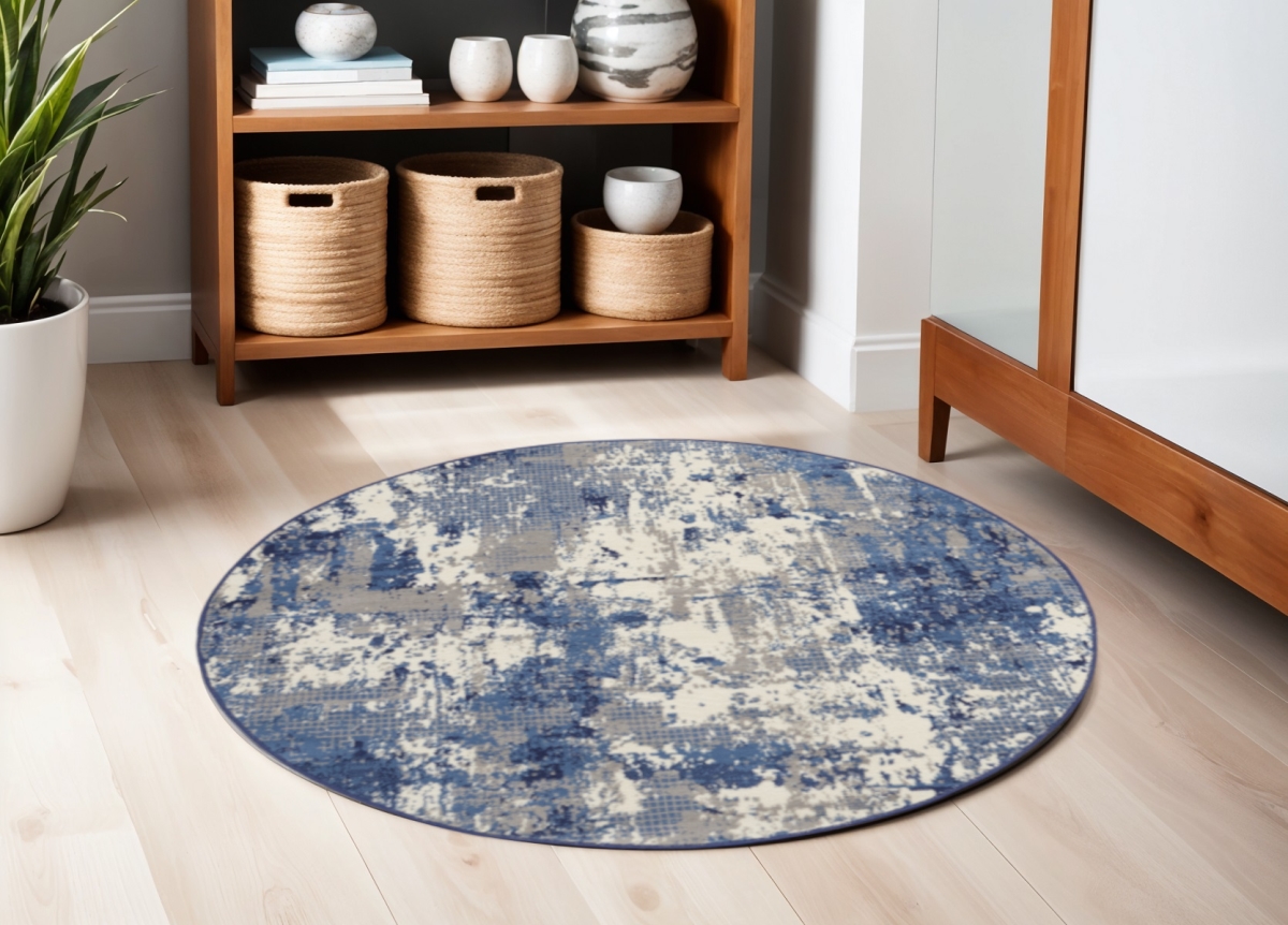 573908 5 ft. Abstract Power Loom Round Rug, Blue
