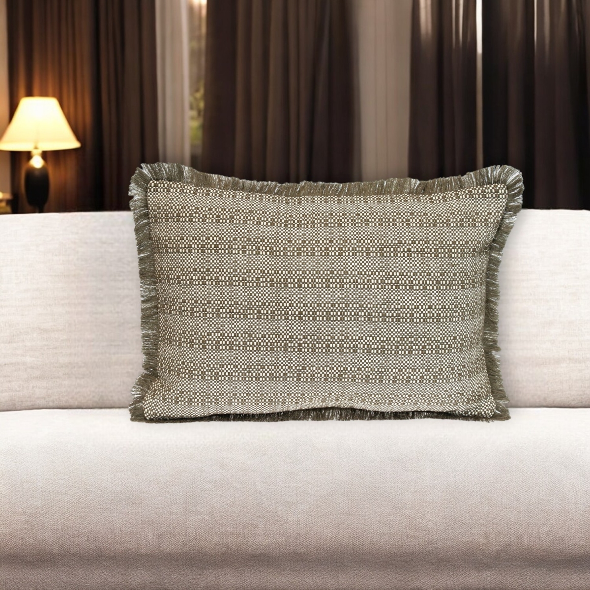 529241 14 x 20 in. Green & White Cotton Lumbar Throw Pillow with Fringe