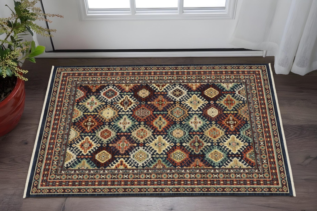 575567 3 x 5 ft. Oriental Rectangle Area Rug with Fringe, Navy Blue, Ivory & Brown