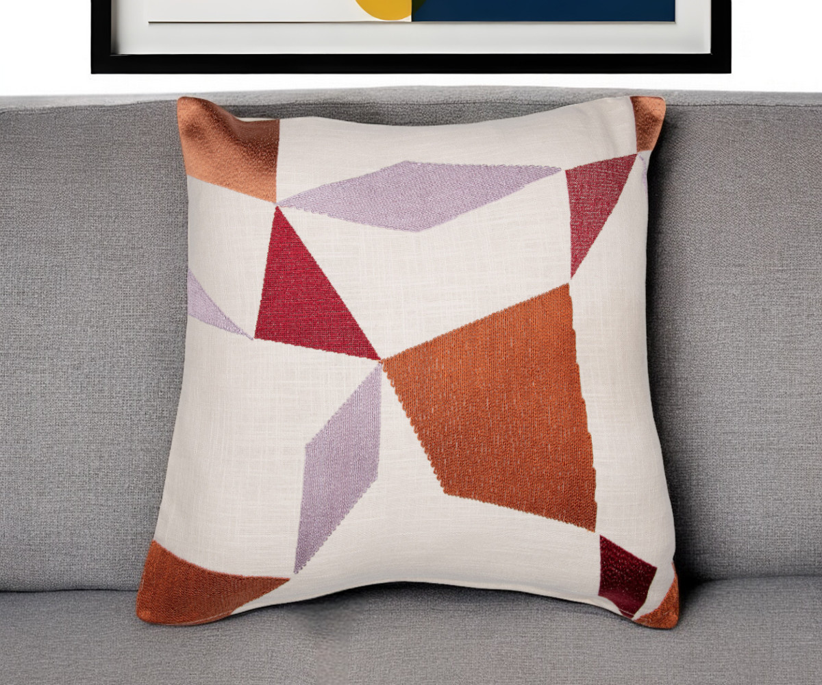 Ivory Geometric Cotton Blend Throw Pillow - 24 in. - Soft with Embroidery
