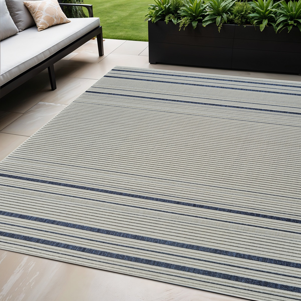 558782 5 x 7 ft. Striped Distressed Indoor & Outdoor Rectangle Area Rug, Blue & Cream