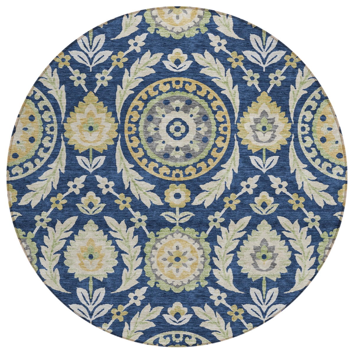 584928 8 ft. Round Floral Washable Indoor & Outdoor Area Rug, Navy Blue, Gold & Beige