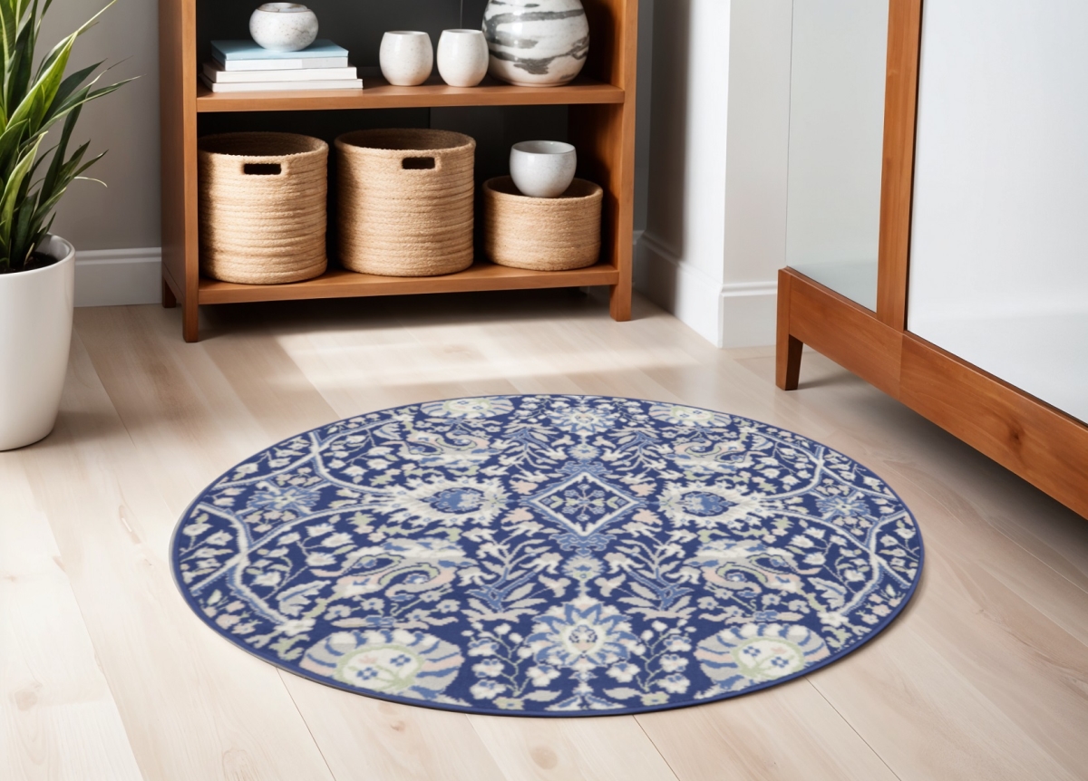 552417 5 ft. Floral Round Rug, Navy Blue, Ivory & Beige