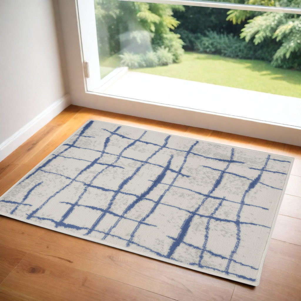 553039 3 x 5 ft. Abstract Geometric Distressed Rectangle Area Rug, Ivory & Blue