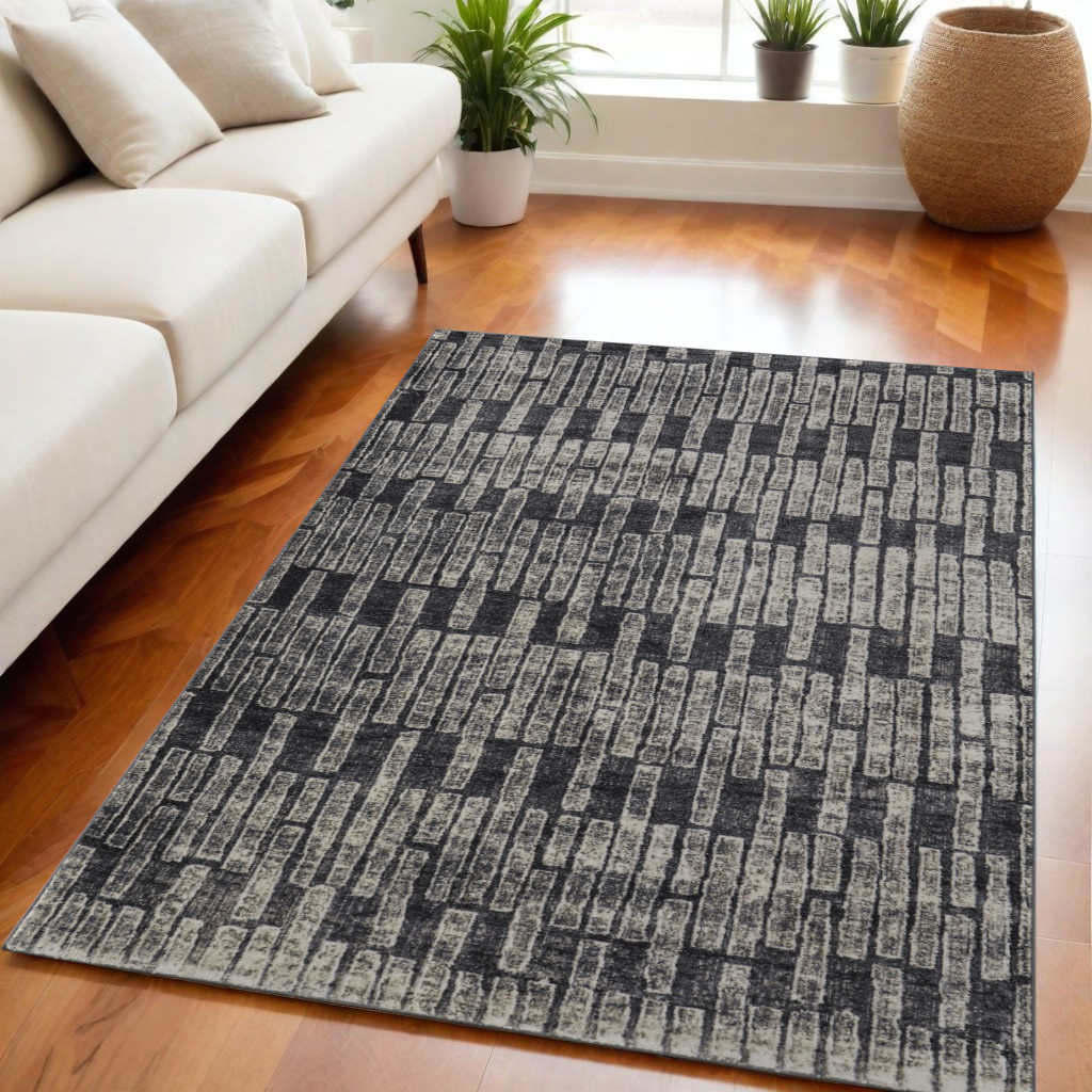 565977 5 x 8 ft. Geometric Power Loom Worn Faded Rectangle Area Rug, Gray & Black
