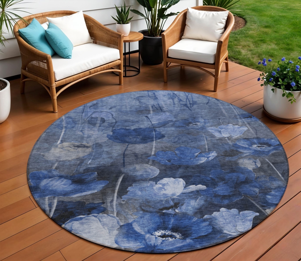 578270 8 ft. Round Floral Washable Indoor & Outdoor Area Rug, Navy Blue & Denim Blue