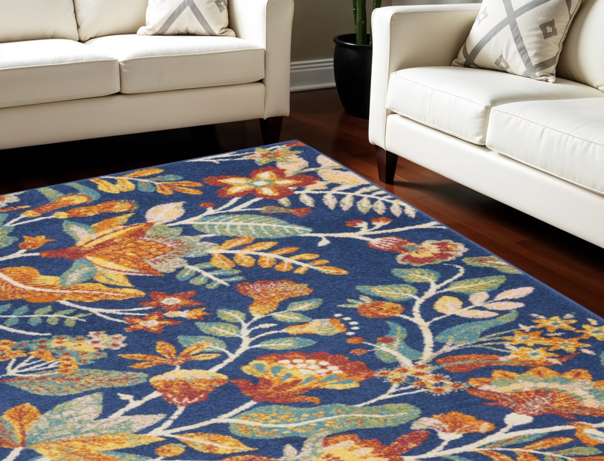 551473 9 x 12 ft. Floral Power Loom Rectangle Area Rug, Navy Blue