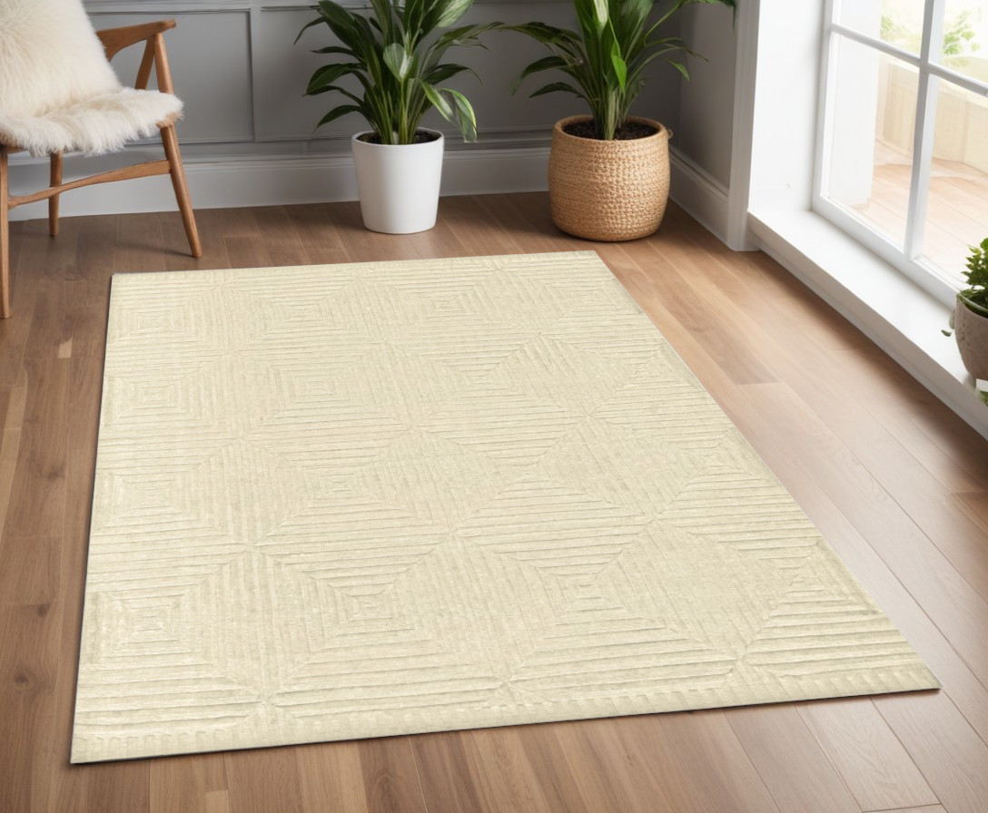 565477 4 x 6 ft. Wool Geometric Hand Knotted Rectangle Area Rug, Ivory
