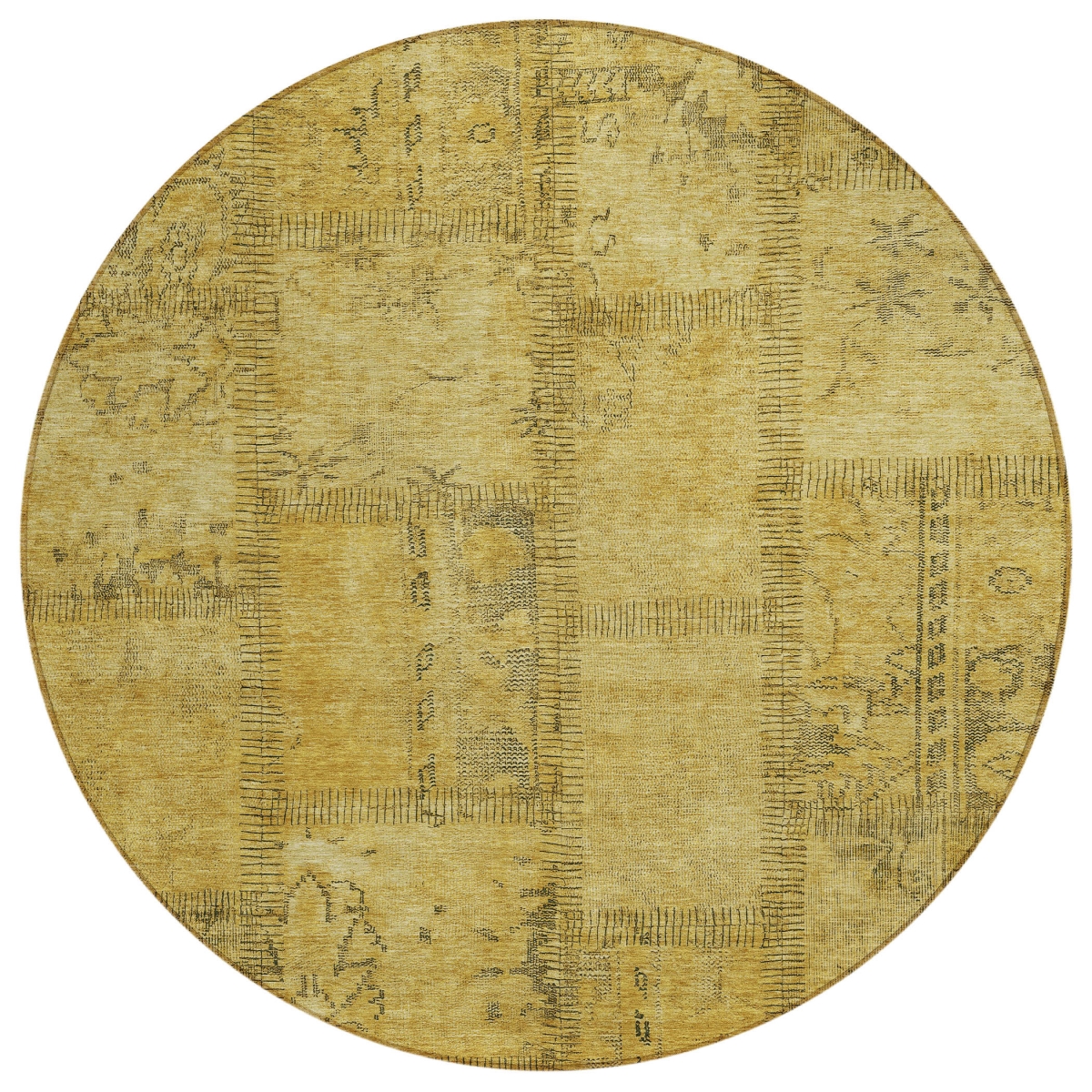 581601 8 ft. Round Patchwork Washable Indoor & Outdoor Area Rug, Gold, Wheat & Gray