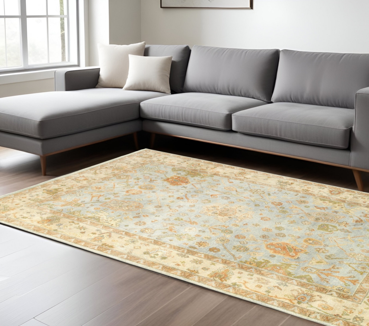 575823 6 x 9 ft. Wool Oriental Hand Knotted Rectangle Area Rug, Blue & Sand