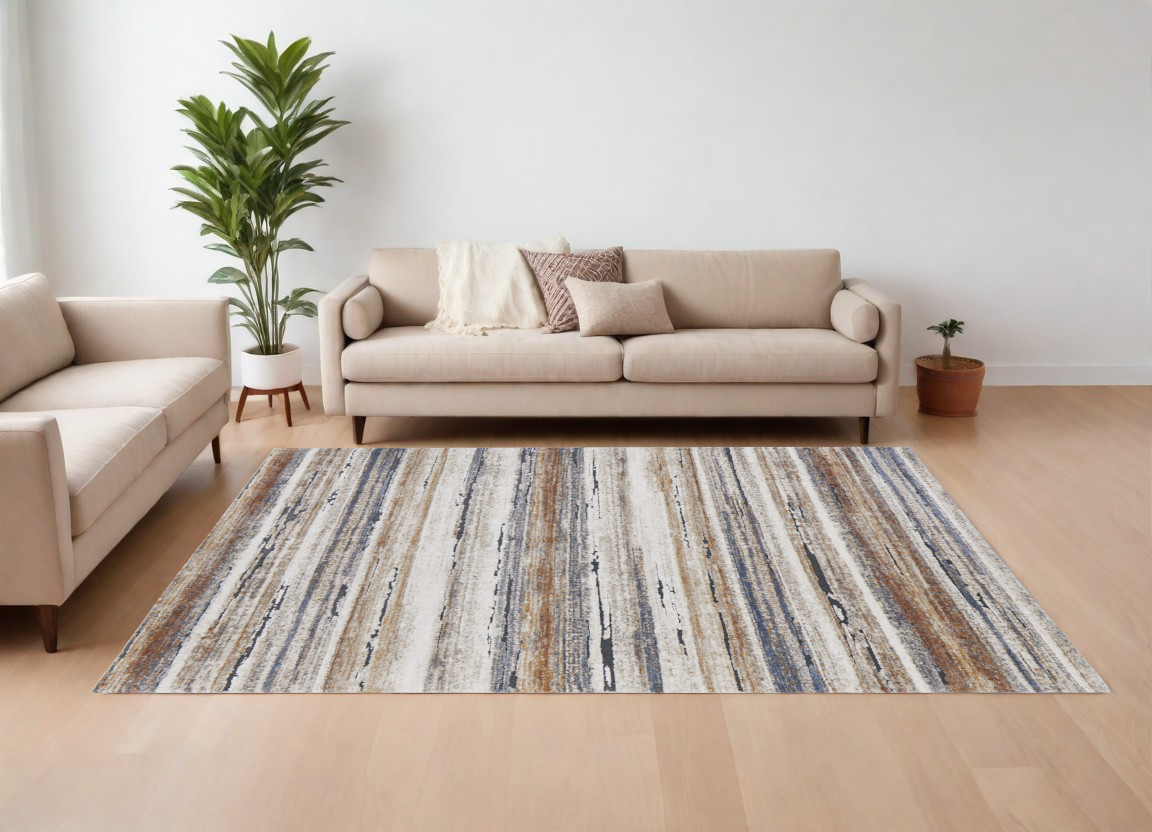 567234 8 x 10 ft. Striped Power Loom Rectangle Area Rug, Ivory, Blue & Brown