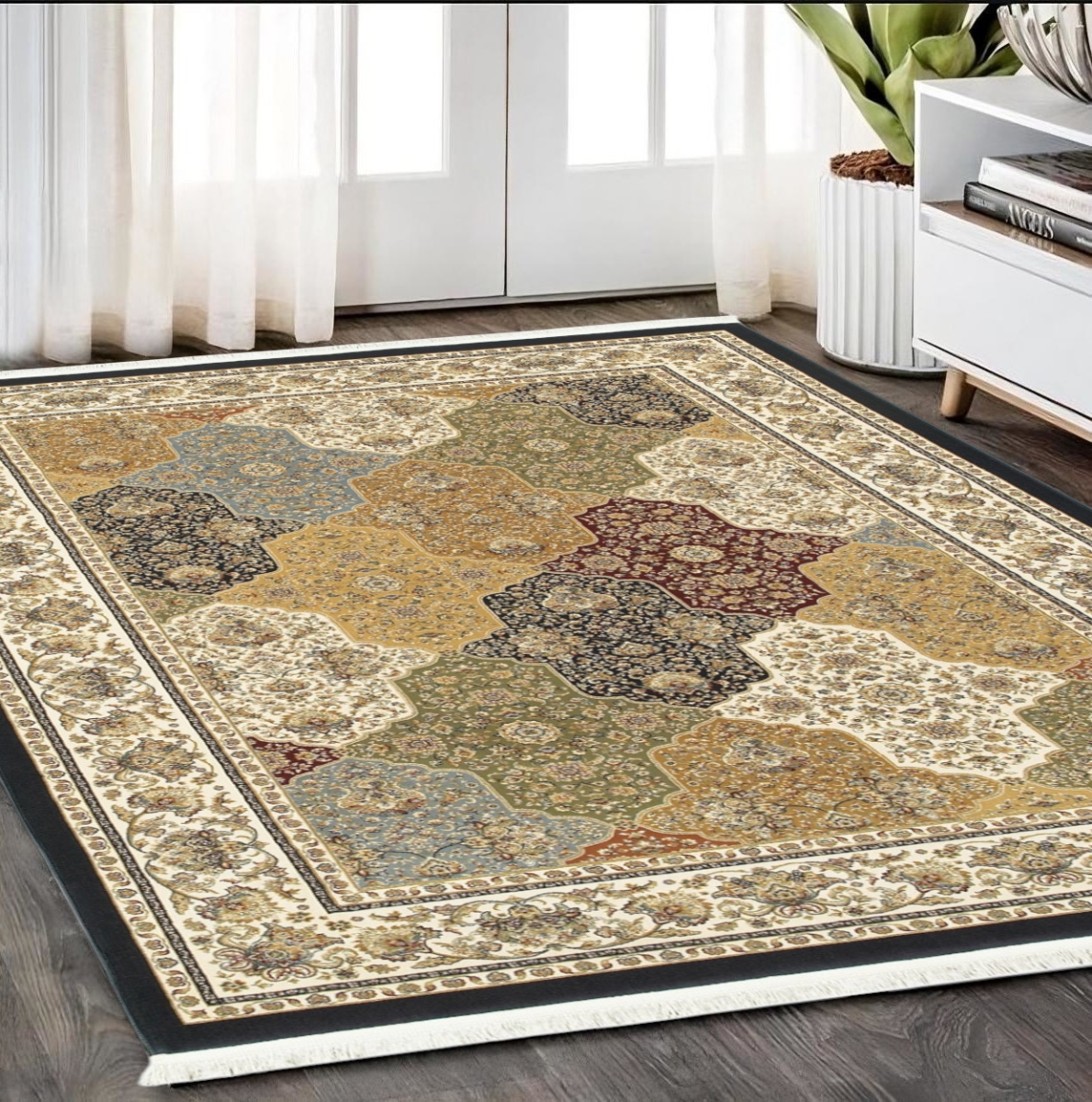 575752 5 x 8 ft. Oriental Rectangle Area Rug with Fringe, Navy Blue, Black & White