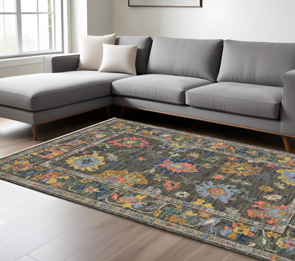 575940 7 x 10 ft. Oriental Rectangle Area Rug with Fringe, Gray, Yellow & Blue