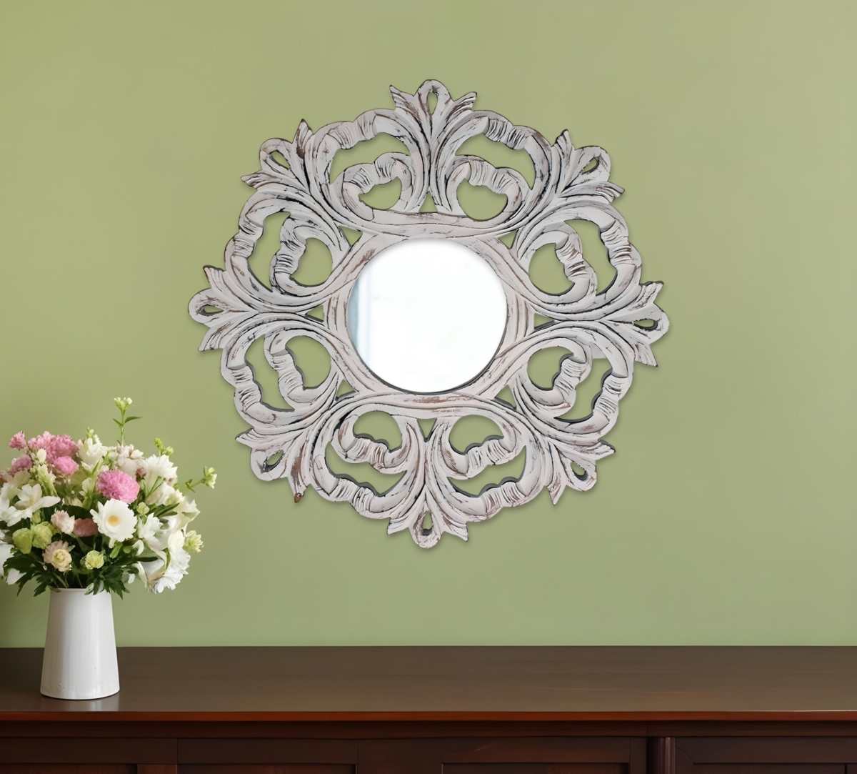 485013 24 in. White Floral Scrollwork Distressed Round Framed Accent Mirror