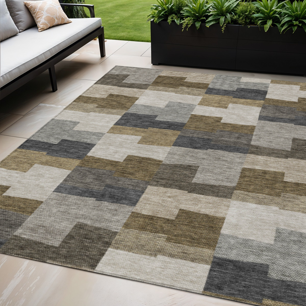 580377 5 x 8 ft. Geometric Washable Indoor & Outdoor Rectangle Area Rug, Brown, Beige & Ivory