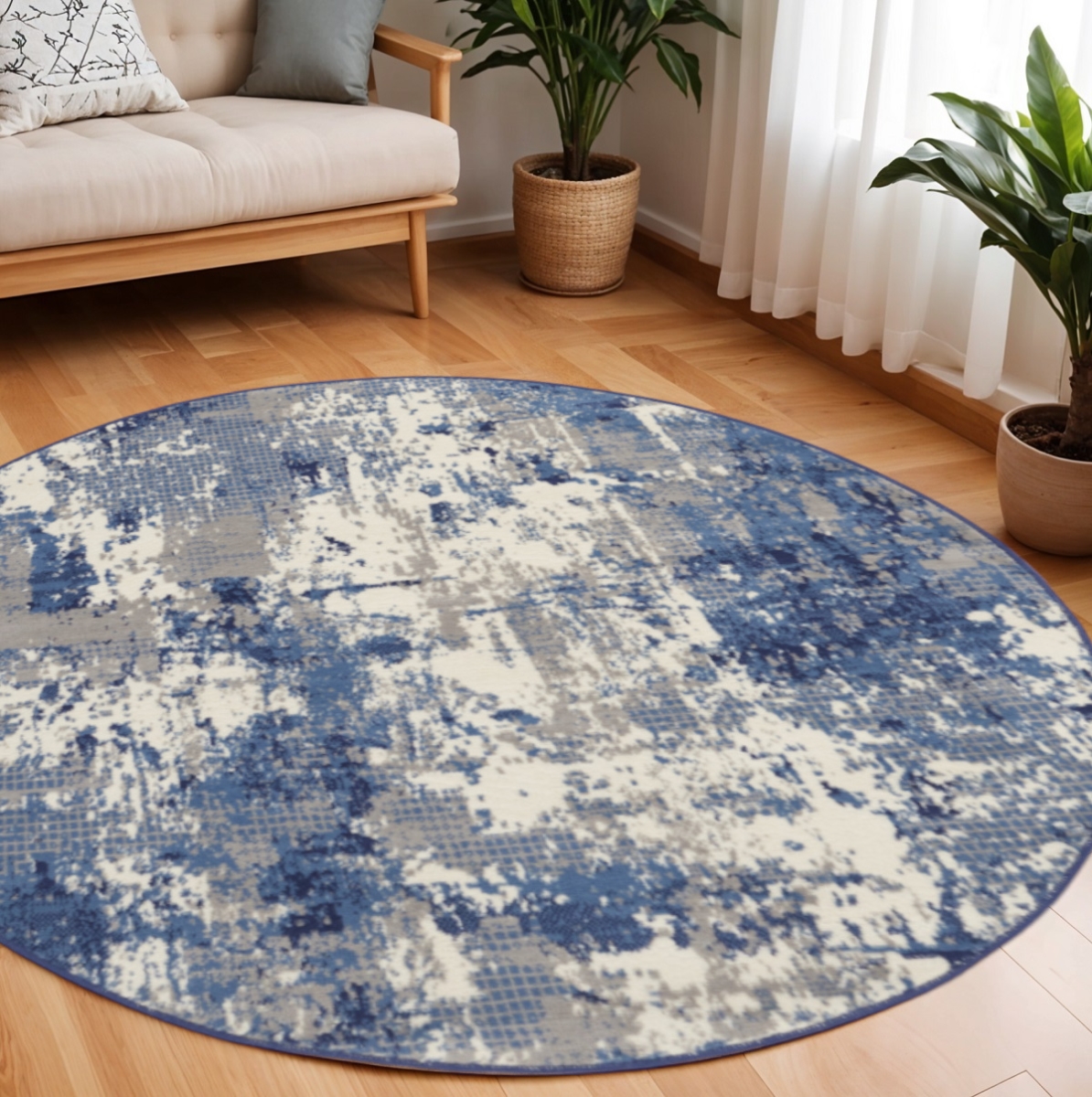 569862 8 ft. Abstract Power Loom Round Rug, Blue