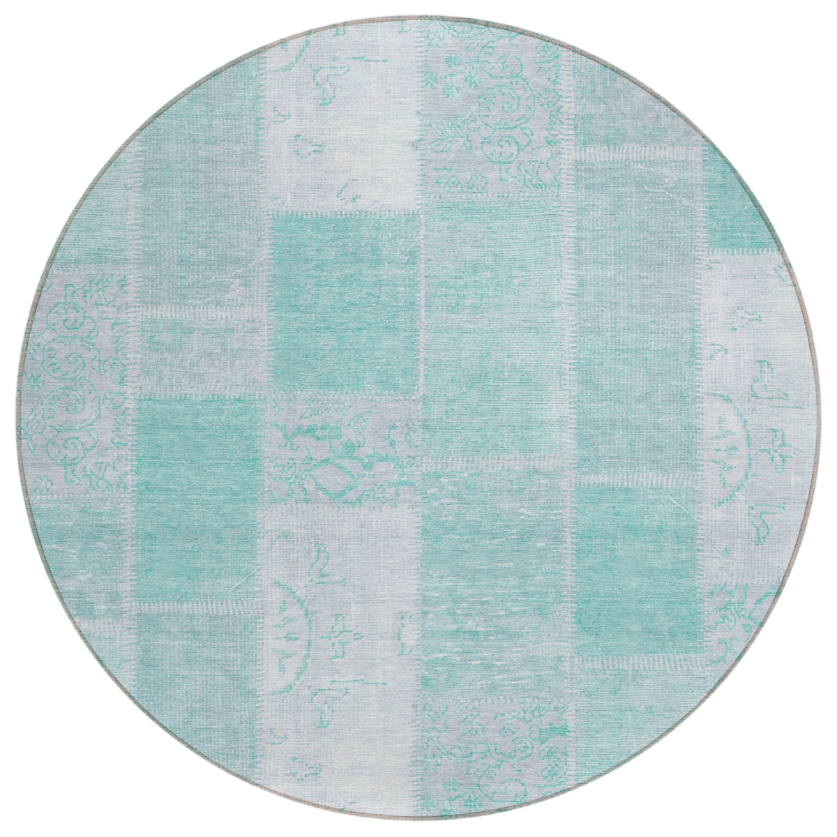 579309 8 ft. Round Patchwork Washable Indoor & Outdoor Area Rug, Aqua, Teal Blue & Silver