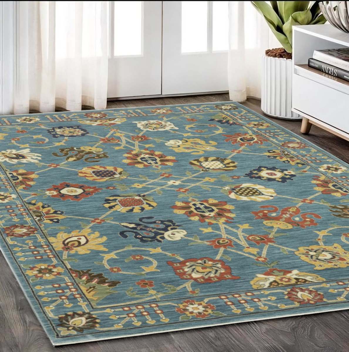 574569 5 x 8 ft. Oriental Rectangle Area Rug with Fringe, Blue, Yellow & Ivory
