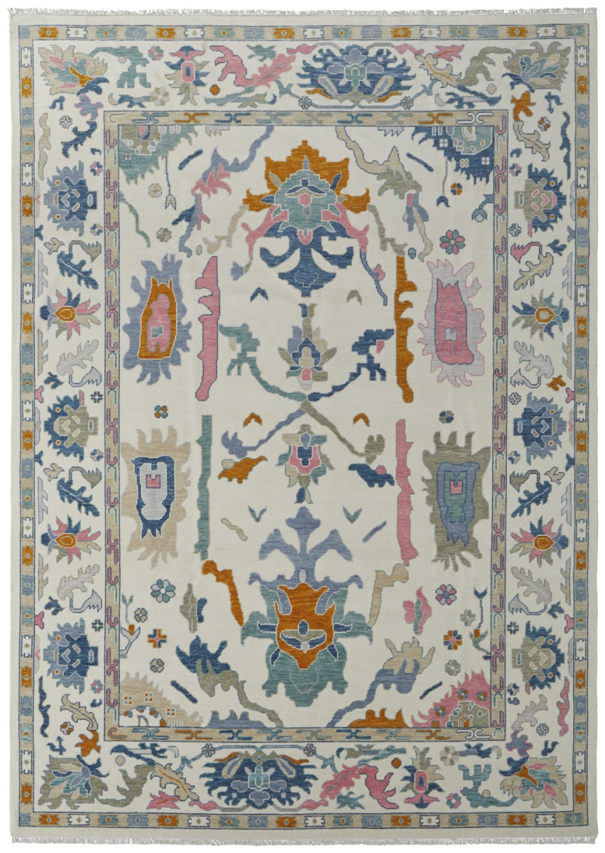 566311 6 x 9 ft. Blue, Ivory & Pink Wool Floral Hand Knotted Rectangle Area Rug with Fringe