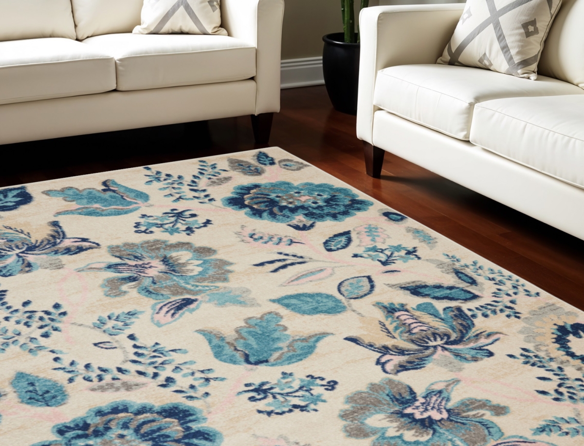 551168 8 x 10 ft. Floral Rectangle Area Rug - Ivory, Navy Blue & Light Blue