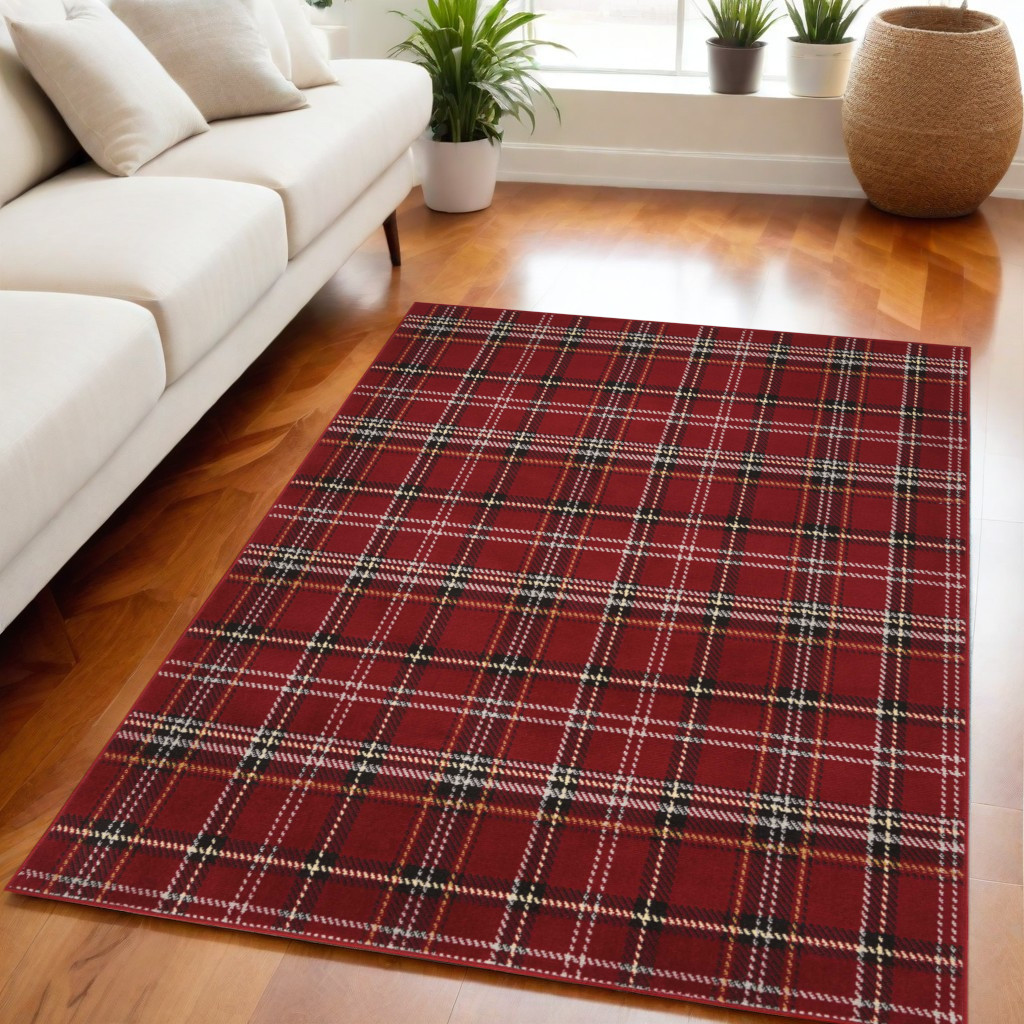 Plaid Power Loom Area Rug - Red & Black - 5 x 7 ft. - Durable Polypropylene