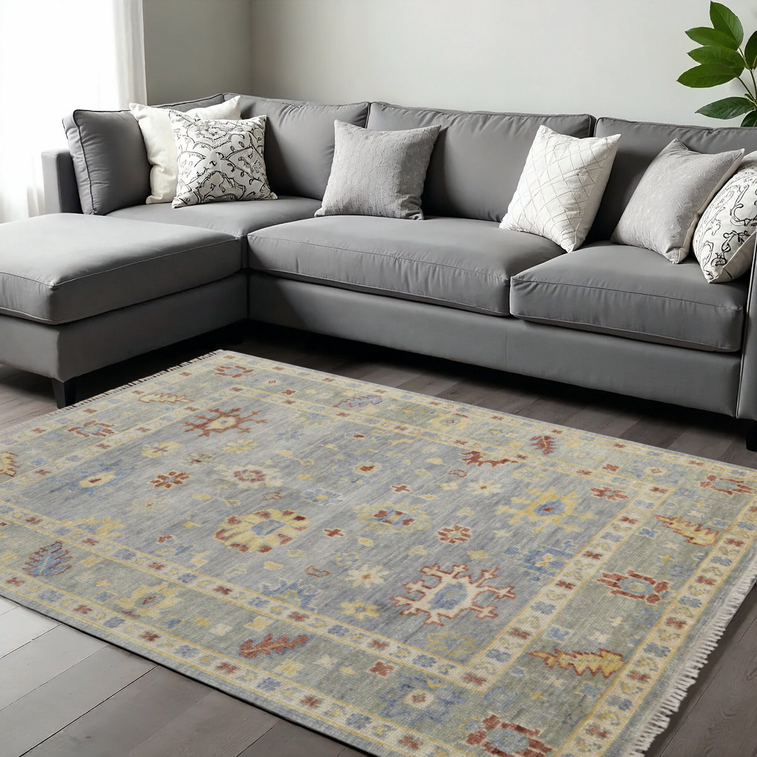 567111 9 x 12 ft. Wool Floral Hand Knotted Rectangle Area Rug with Fringe, Light Blue & Taupe
