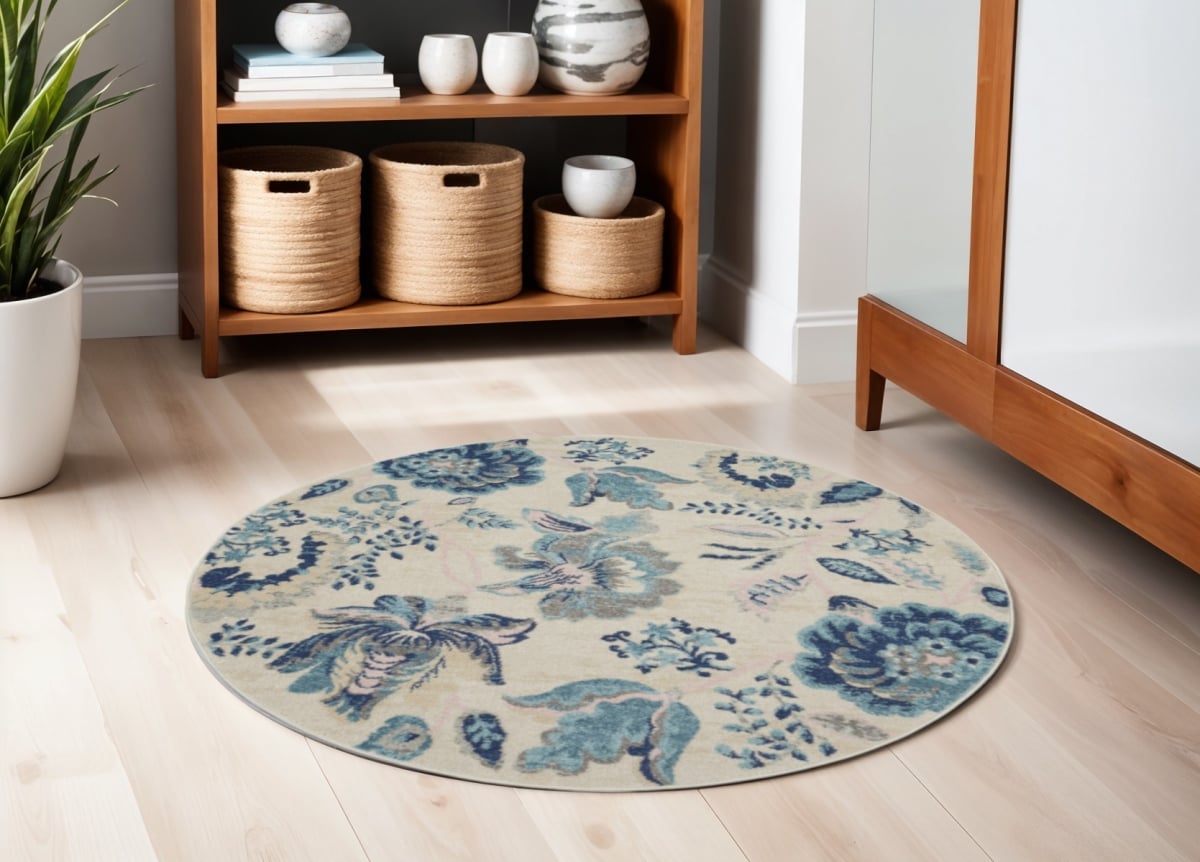 553275 5 ft. Floral Round Rug, Ivory, Navy Blue & Light Blue