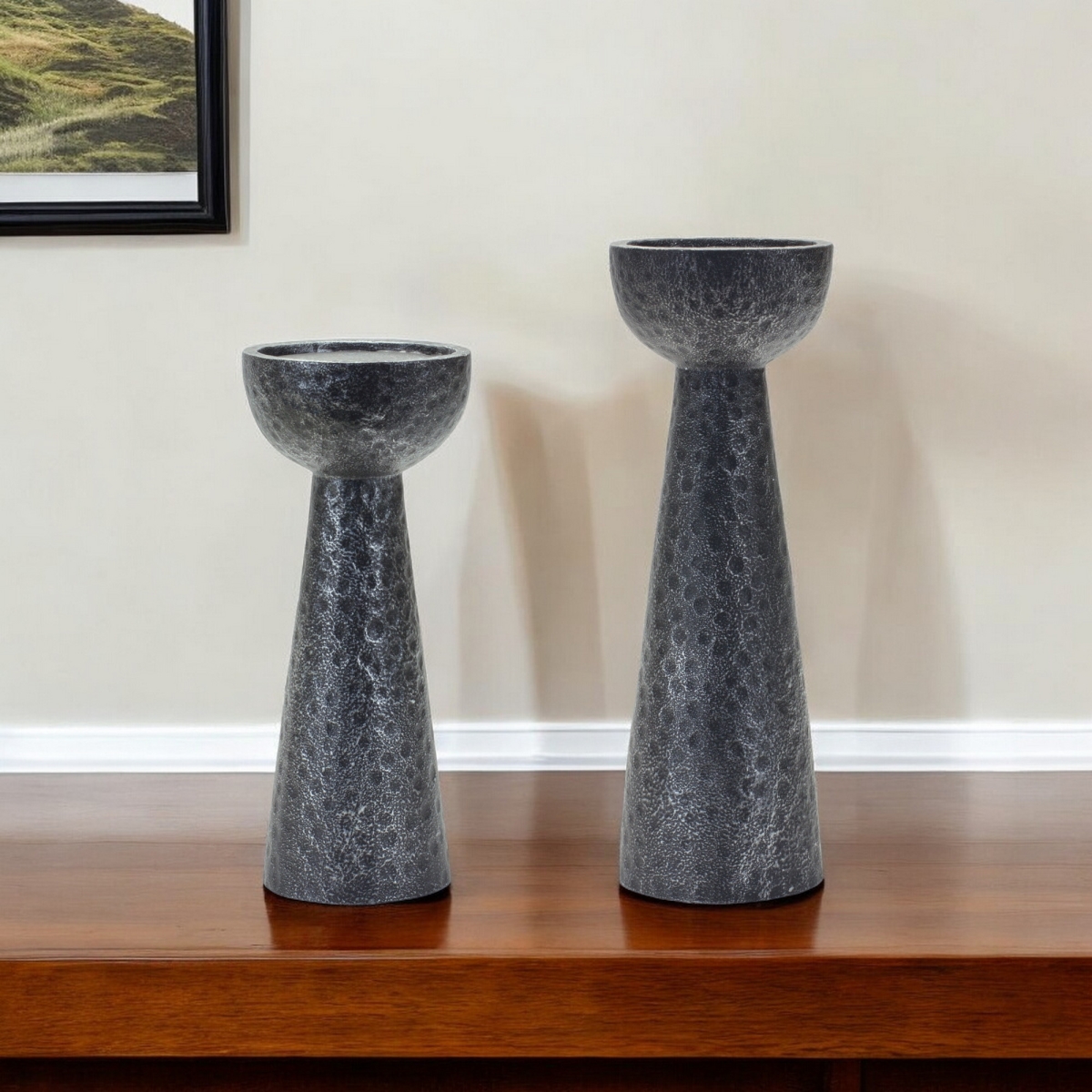 Picture of HomeRoots 517639 Black Polyresin Hammered Tabletop Pillar Candle Holders - Set of 2