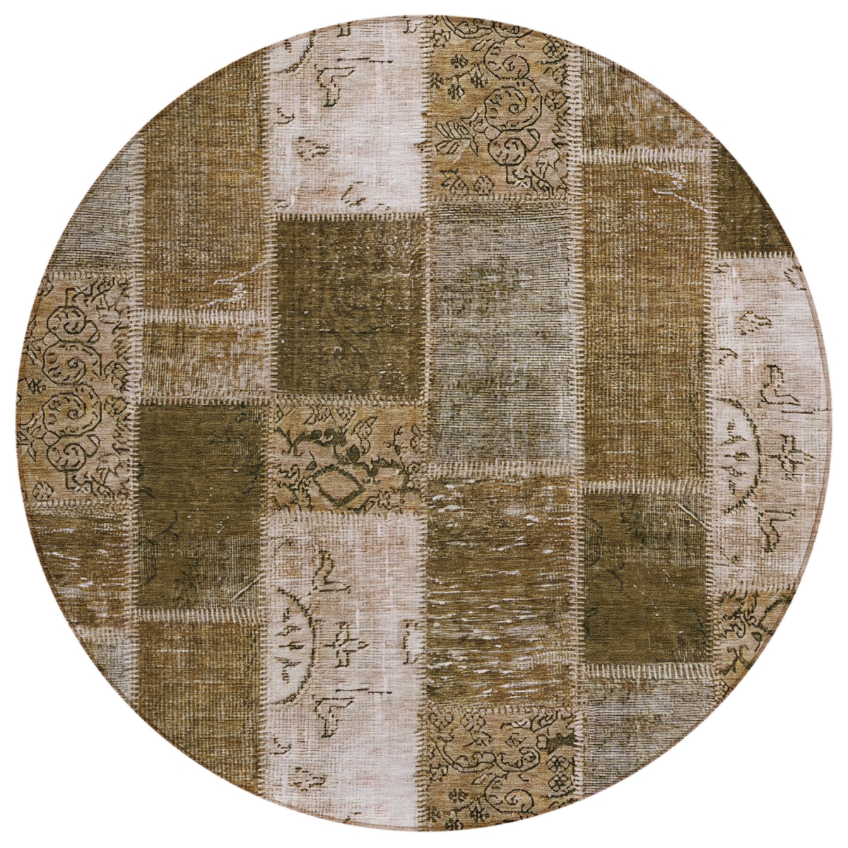 579321 8 ft. Round Patchwork Washable Indoor & Outdoor Area Rug, Brown & Ivory
