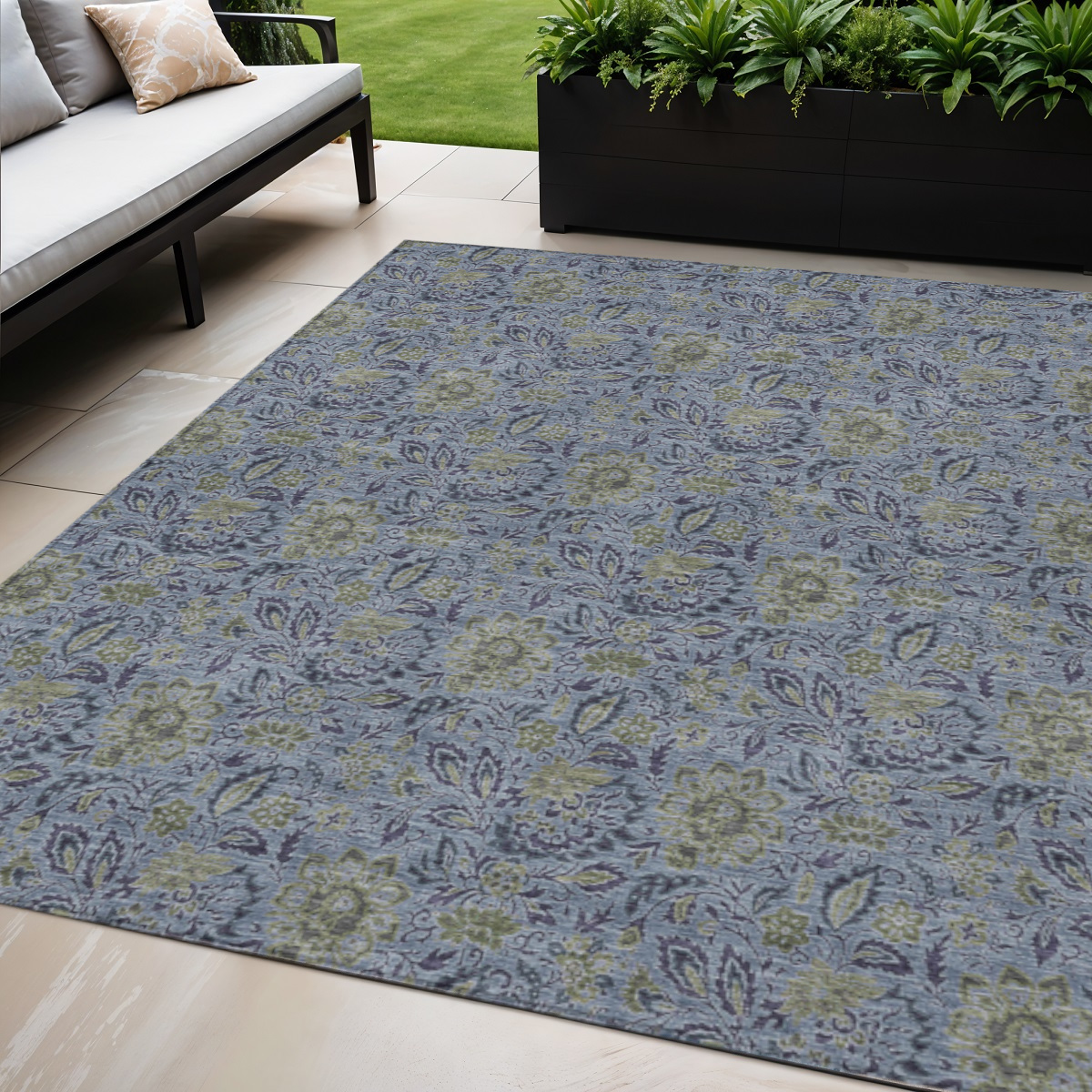 580431 5 x 8 ft. Floral Washable Indoor & Outdoor Rectangle Area Rug, Denim Blue, Navy Blue & Gray
